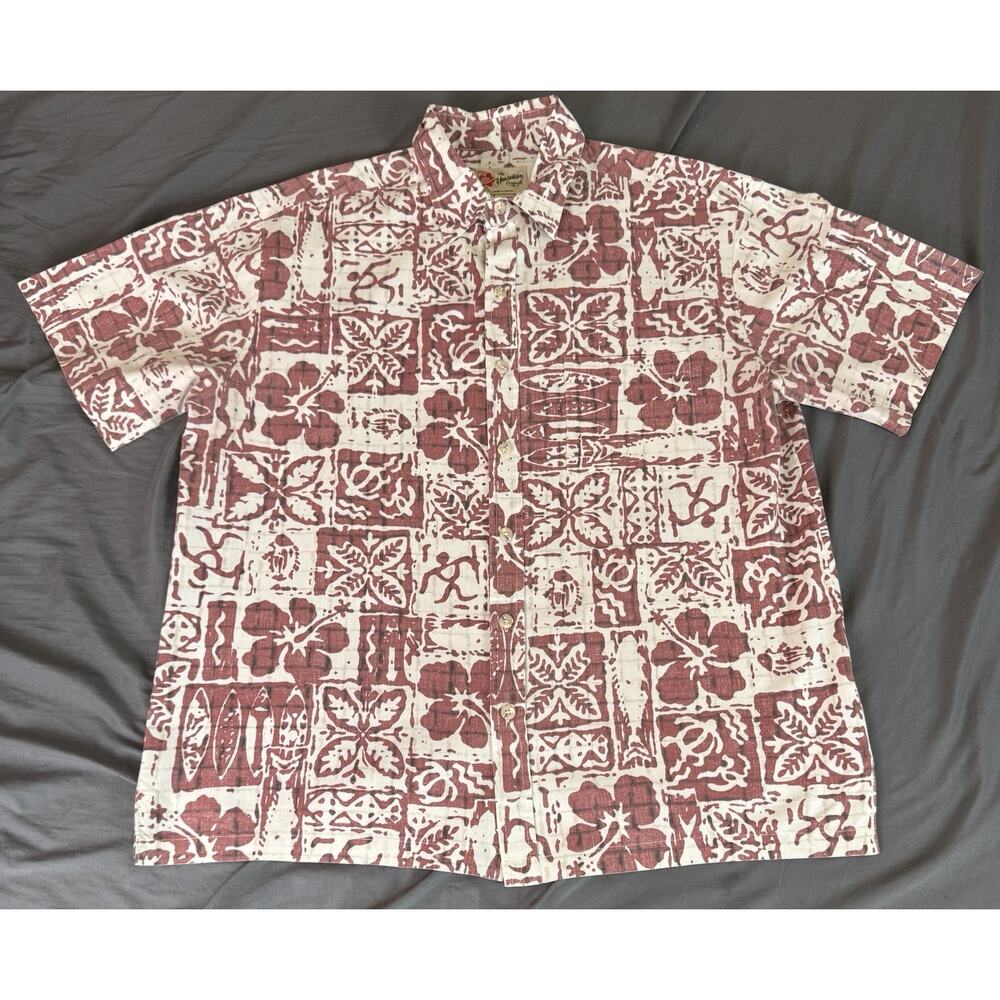 Vintage Hilo Hattie Mens L Hawaiian Aloha Shirt Red White Tiki Barkcloth Style